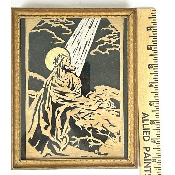 Vtg Scroll Saw Wood Cut Jesus Praying Garden of Gethsemane Framed Embellished - Picture 2 of 3